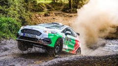 McRae Kimathi steers his Ford Fiesta ST Rally3 with Kenyan co-driver Mwangi Kioni during the SS18 stage of the 2021 Safari Rally Kenya near Hells Gate at Lake Naivasha, Kenya, on June 27, 2021. (Photo by TONY KARUMBA/AFP via Getty Images)