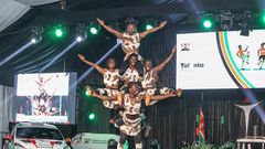 Acrobats doing stunts during the Talanta Hela launch at State House