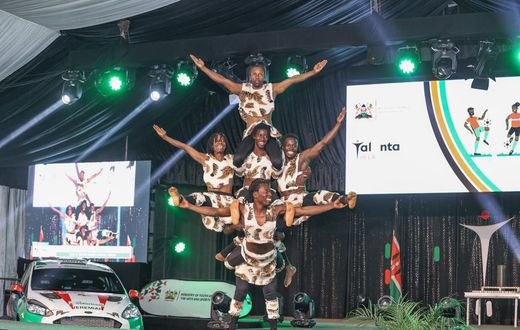 Acrobats doing stunts during the Talanta Hela launch at State House
