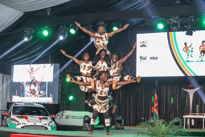 Acrobats doing stunts during the Talanta Hela launch at State House