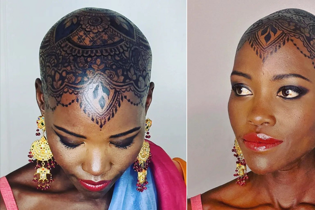 Lupita Nyong'o dorns intricate henna design on her bald head