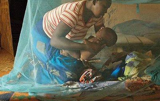 Mother and child inside a mosquito net