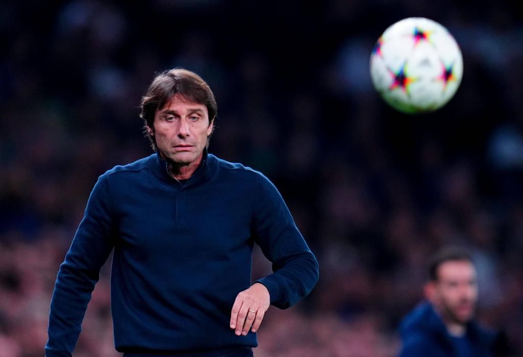 Tottenham Hotspur Manager Antonio Conte takes his eyes off the ball during Tottenham Hotspur v Sporting on October 16, 2022.