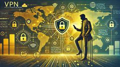 A detailed digital illustration of a VPN (Virtual Private Network) concept
