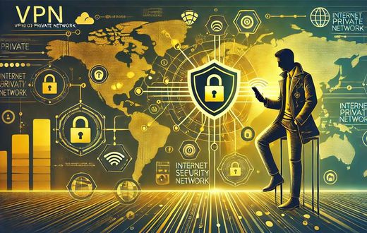A detailed digital illustration of a VPN (Virtual Private Network) concept