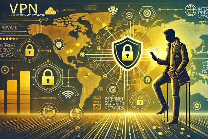 A detailed digital illustration of a VPN (Virtual Private Network) concept