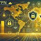 A detailed digital illustration of a VPN (Virtual Private Network) concept