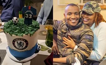 A collage image of the birthday cake and Samidoh with his lover, Karen Nyamu