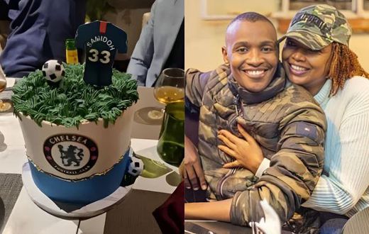 A collage image of the birthday cake and Samidoh with his lover, Karen Nyamu