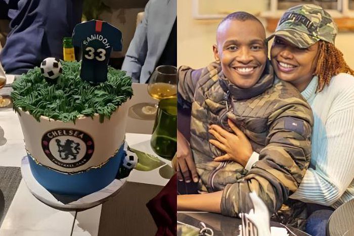 A collage image of the birthday cake and Samidoh with his lover, Karen Nyamu