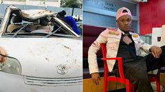 A collage of the wreckage of King Bizzy's car and King Bizzy