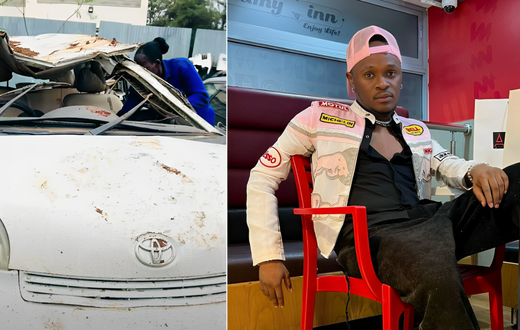 A collage of the wreckage of King Bizzy's car and King Bizzy