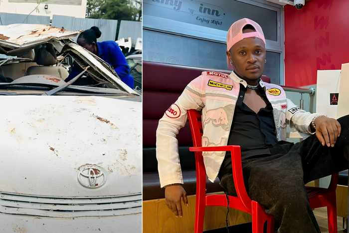 A collage of the wreckage of King Bizzy's car and King Bizzy