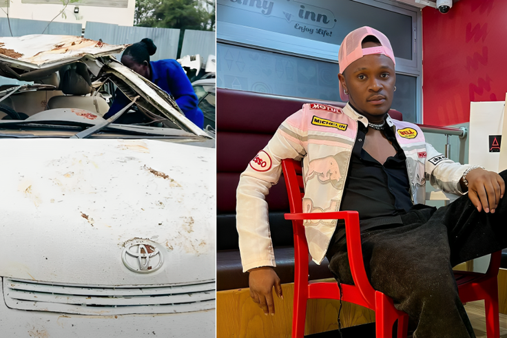 A collage of the wreckage of King Bizzy's car and King Bizzy