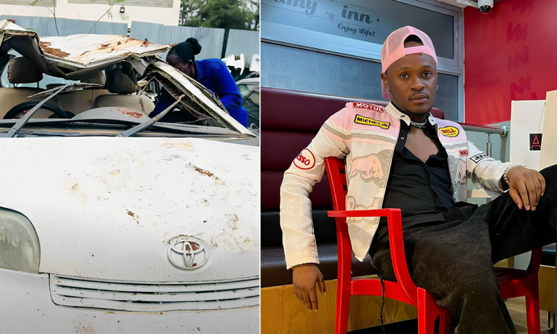 A collage of the wreckage of King Bizzy's car and King Bizzy