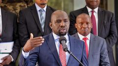 Transport CS Kipchumba Murkomen speaking during a past media briefing at Harambee House