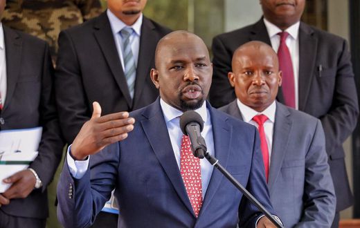 Transport CS Kipchumba Murkomen speaking during a past media briefing at Harambee House