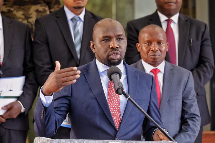 Transport CS Kipchumba Murkomen speaking during a past media briefing at Harambee House