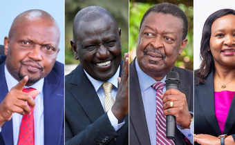 A collage of Moses Kuria, Musalia Mudavadi, William Ruto and Rebecca Miano