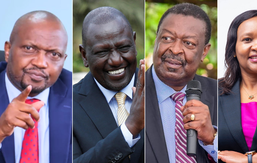 A collage of Moses Kuria, Musalia Mudavadi, William Ruto and Rebecca Miano