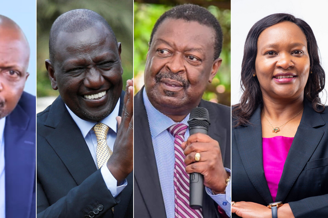 A collage of Moses Kuria, Musalia Mudavadi, William Ruto and Rebecca Miano