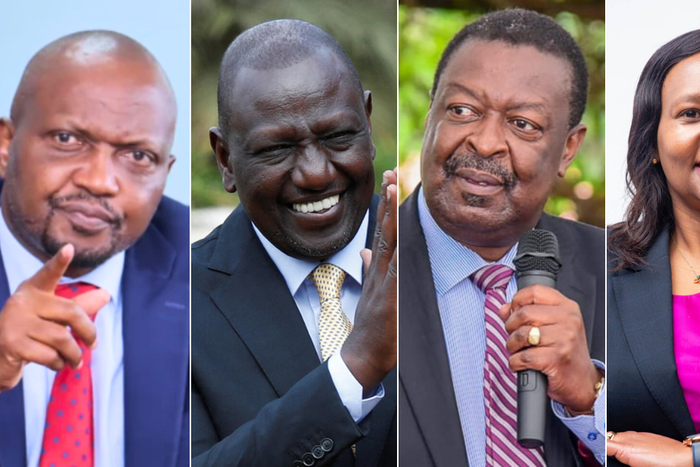 A collage of Moses Kuria, Musalia Mudavadi, William Ruto and Rebecca Miano