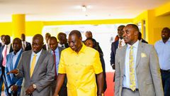 President William Ruto, Deputy Rigathi Gachagua and UDA Sec Gen Cleophas Malala at the part headquarters for a National Steering Committee meeting on April 2, 2024