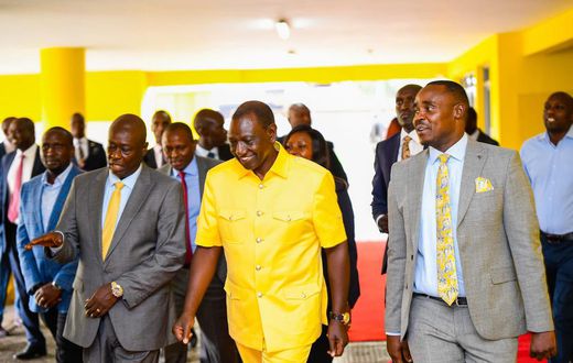 President William Ruto, Deputy Rigathi Gachagua and UDA Sec Gen Cleophas Malala at the part headquarters for a National Steering Committee meeting on April 2, 2024