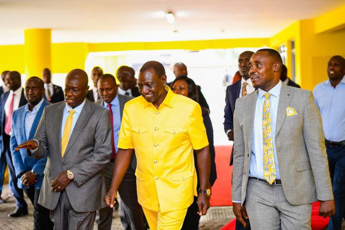 President William Ruto, Deputy Rigathi Gachagua and UDA Sec Gen Cleophas Malala at the part headquarters for a National Steering Committee meeting on April 2, 2024