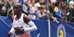Eliud Kipchoge of Kenya runs in the professional Men's Division during the 127th Boston Marathon on April 17, 2023 in Boston, Massachusetts. Kipchoge finished in sixth place.Maddie Meyer | AFP