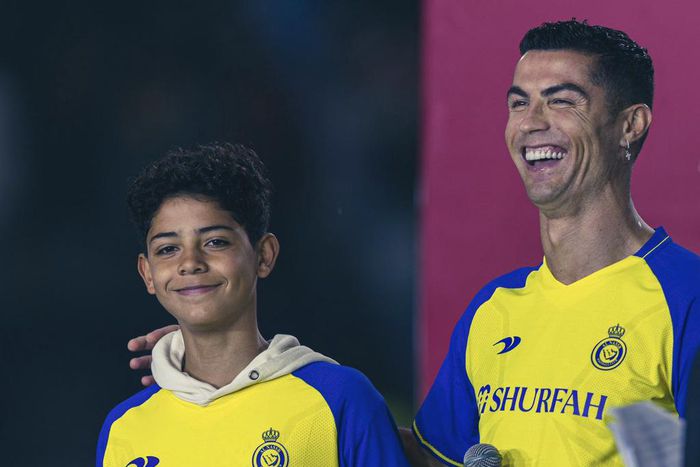Ronaldo and his son at his unveiling for AL-Nassr
