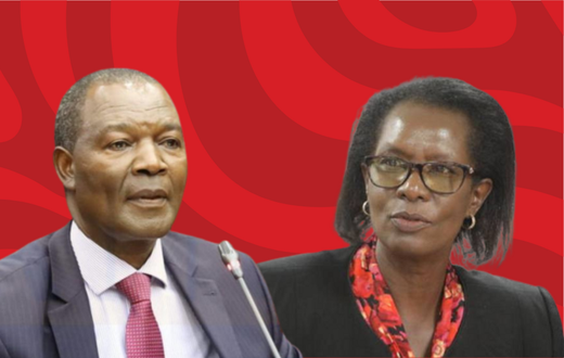 A collage photo of Treasury CS Njuguna Ndung'u and SRC chair Lyn Mengich