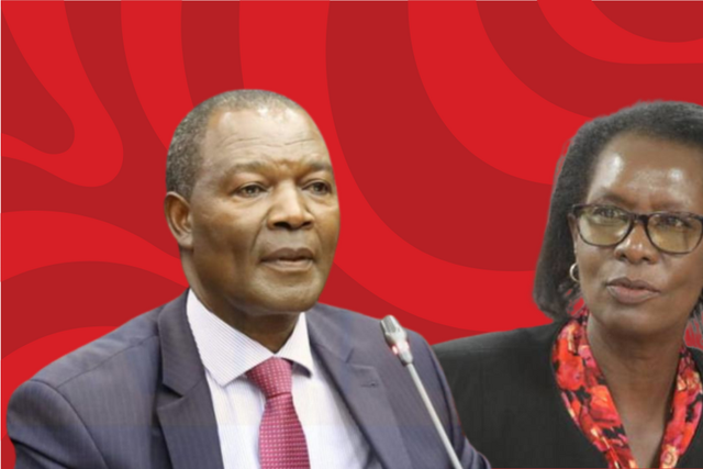 A collage photo of Treasury CS Njuguna Ndung'u and SRC chair Lyn Mengich