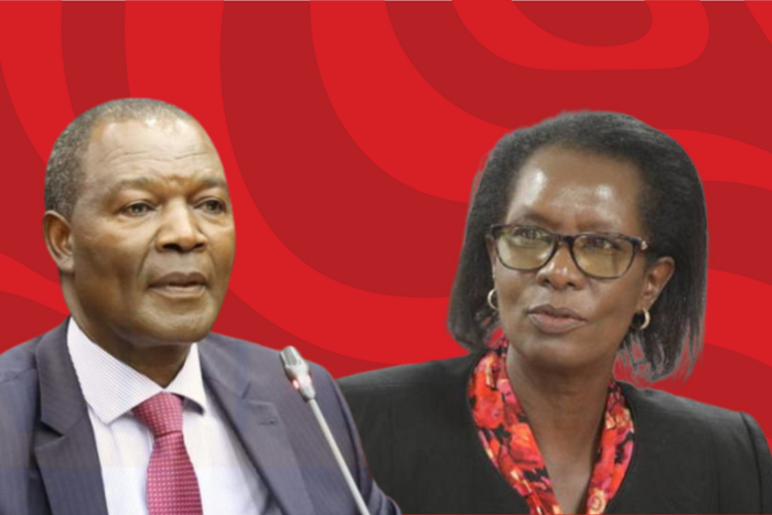 A collage photo of Treasury CS Njuguna Ndung'u and SRC chair Lyn Mengich