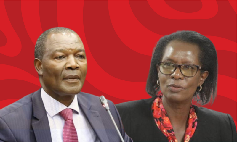 A collage photo of Treasury CS Njuguna Ndung'u and SRC chair Lyn Mengich