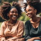 An AI-generated image of two ladies sitting close to each other and smiling at each other