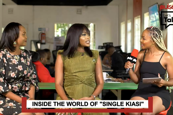 'Single Kiasi' cast members Minne Kariuki and Faith Kibathi on the Pulse Let's Talk set with presenter Muthoni Irungu on February 22, 2024