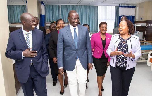President William Ruto, Deputy President Rigathi Gachagua and Governor Anne Waiguru during the launch of the Kerugoya Referral Hospital, Kirinyaga County on June 13, 2023