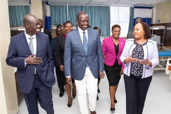 President William Ruto, Deputy President Rigathi Gachagua and Governor Anne Waiguru during the launch of the Kerugoya Referral Hospital, Kirinyaga County on June 13, 2023