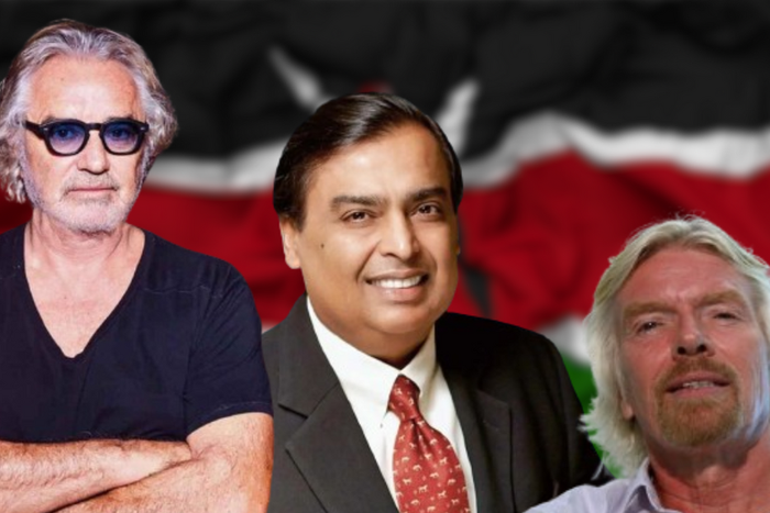 A collage of Flavio Briatore, Mukesh Ambani and Richard Branson