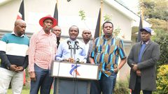 Kalonzo Musyoka and other Principle Secretaries of Azimio Coalition during a press briefing held at the Kenya School of Government on July 19, 2024.