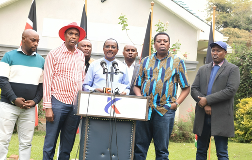 Kalonzo Musyoka and other Principle Secretaries of Azimio Coalition during a press briefing held at the Kenya School of Government on July 19, 2024.