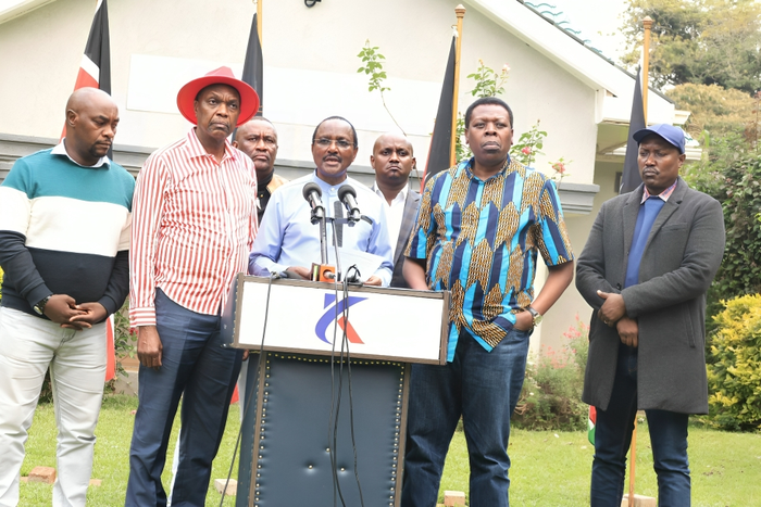 Kalonzo Musyoka and other Principle Secretaries of Azimio Coalition during a press briefing held at the Kenya School of Government on July 19, 2024.