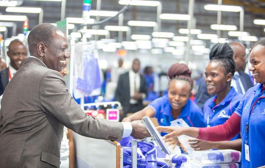 President William Ruto during a tour of Hela Apparel factory in Athi River, Machakos County on April 23, 2024