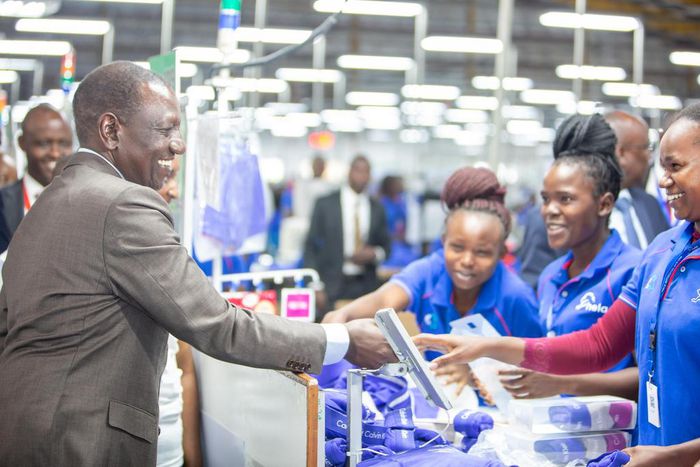 President William Ruto during a tour of Hela Apparel factory in Athi River, Machakos County on April 23, 2024