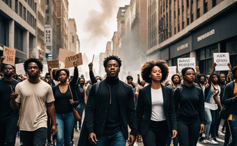 An AI-generated image of people protesting on the streets (Hotpot.ai)