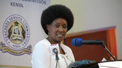Teachers Service Commission (TSC) CEO Dr Nancy Macharia speaking during launch of live-streamed lessons at the Alliance Girls High School