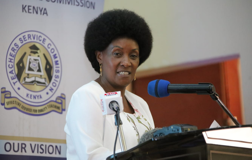 Teachers Service Commission (TSC) CEO Dr Nancy Macharia speaking during launch of live-streamed lessons at the Alliance Girls High School