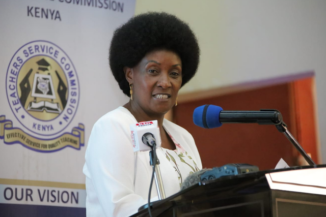 Teachers Service Commission (TSC) CEO Dr Nancy Macharia speaking during launch of live-streamed lessons at the Alliance Girls High School