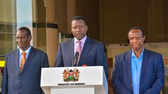 Energy CS Davis Chirchir and Chairperson of Ruto's Council of Economic Advisors David Ndii during a press briefing on March 14, 2023